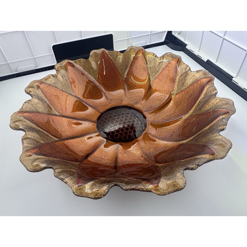 Cased Glass Sunflower Bowl - Metallic Vintage Dish, Amber Gold Black Flower
